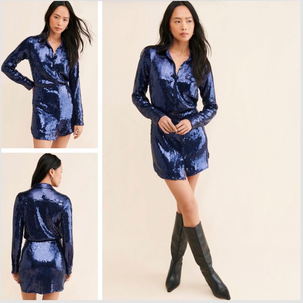 Free People Sophie Navy Blue Sequin Long Sleeve Mini Dress in Size S